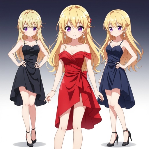 She has blonde hair and purple eyes and a red dress and black high heels and pearl earrings 