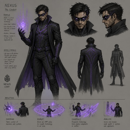 Male Villain with technology abilities, eye mask, stubble