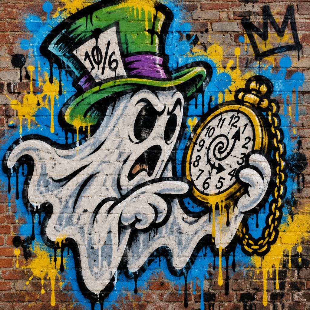A ghost with the mad hatter hat on is checking his pocket watch that is going crazy