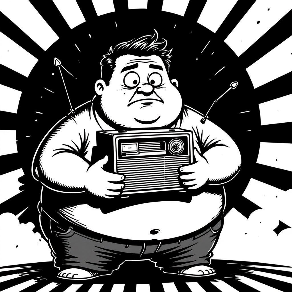 Create a funny fat guy who is has a book box radio 