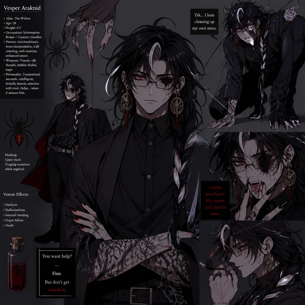 Anime male,hair messy long braided black hair with white stripes,clean shaven,highly skilled,in late 20s,migraines,sarcastic,red glowing eyes,one eye is severely damaged,serious face,been experiment on for many years until finally found and rescued ,has power of a spider and control spiders make traps poison and crawl on walls and ceiling dangerous,glasses,wears a loose jacket a nice fully covered shirt ,loves spiders, nice big earrings,tattoos on arms that means arachnid and on left arm tattoo that says sub 389,helps people but on his terms,doesn't remember anything from his past except the experiments, long scary fingers, spider fangs, traumatized,special agency is keeping an eye on him