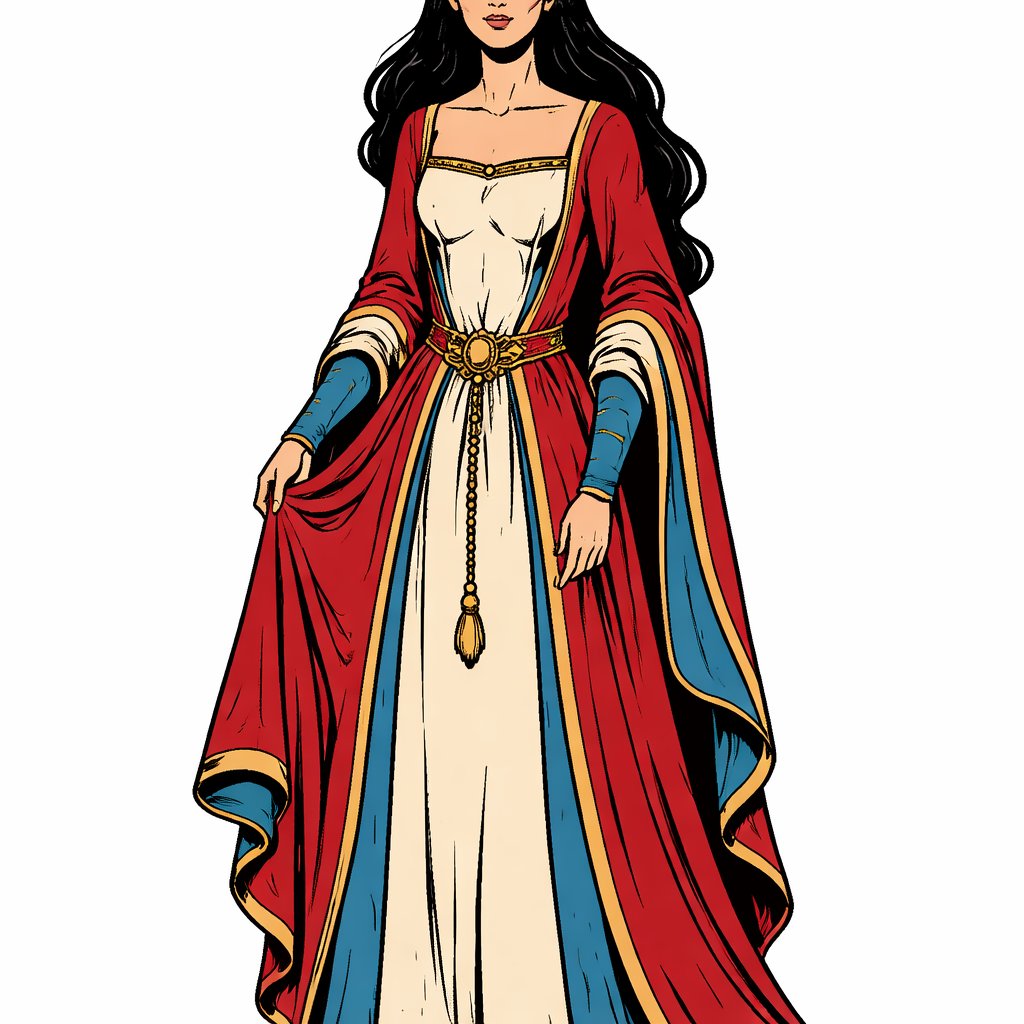 No caricatures no speech bubbles a slim tall modest woman with long black hair in renaissance robe. Full body front
