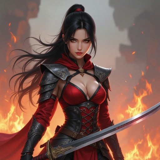 Warrior girl with flowing black hair, with sword with dragon crafted, holding with one hand across the picture, fierce background with fire, warrior costume with red and black covered with a little opening in front, character should have a small bust