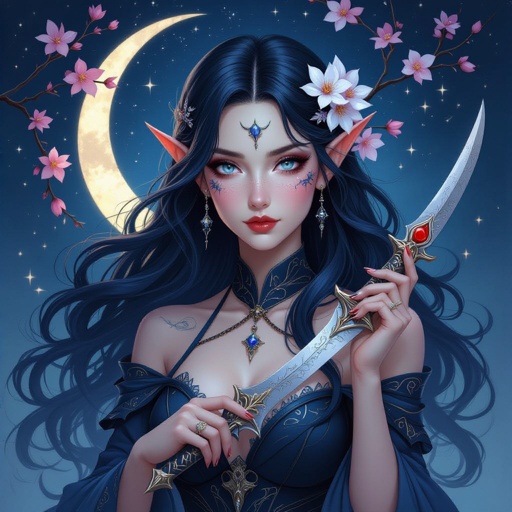 She is an elf. She has really long hair. Her hair is a dark blue ombre to black. She has star freckles across her face and she has a scar going through her right eyebrow closet to her nose. She has a crescent moon birthmark behind her left ear close to the ear lobe. Her eyes are grey.she is 4’8. She has on a long sleeve top. The sleeves flow down to and cuff at her wrist. She has on a weapon strap around her upper body. She has black pants going into black boots. She has a knife strap on her right leg and she has a sword strap around her waist. She has a small snake around her arm and shoulder. She has a black hair stick with small cherry blossoms, snowflakes and a small silver sword dangling from the hair stick. She has a solver locket with a small moon and a scallop shell on the front and on the back it has the initials E.N. in neat cursive. In her right hand she is holding a dagger. The hilt of the dagger has small moon phases on it with a red gem. In her left hand she is holding a small stone with a red spider lily flower carved into it. On her right shoulder blade she has a Draco constellation.