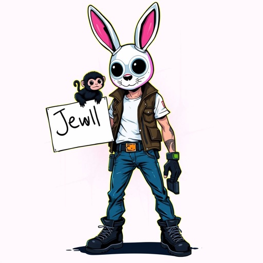 a skinny teenage boy with a bunny mask with black eyes on the mask as cameras he has a white tshirt on with a biker vest with blue skinny jeans and black boots with shotgun bullets on his waist along with him holding up a paper of the name Jewl on it with his black baby pet monkey on his shoulder chillin