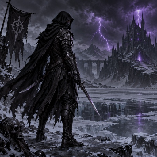 assassin in a ice land with thunder storm