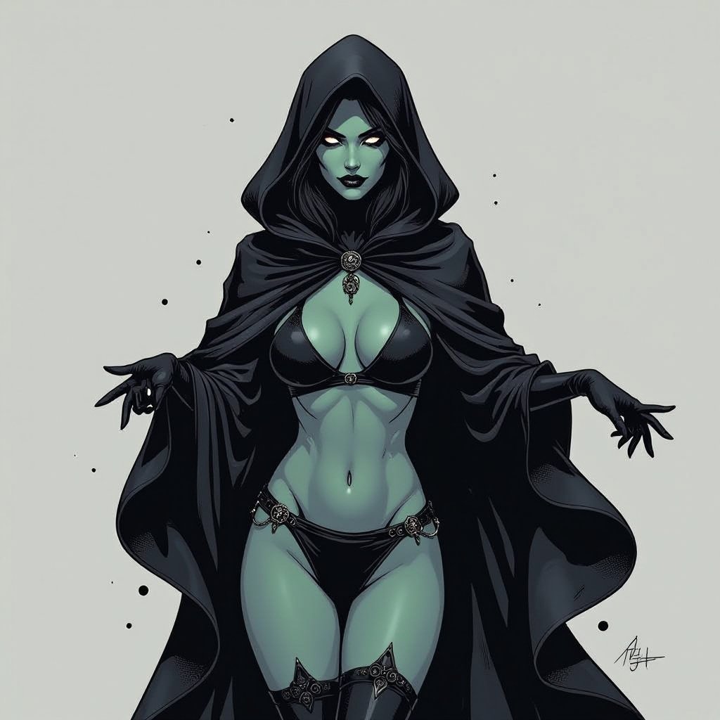 sexy shadow demon witch gypsy slate grey skin large black billowing cloak that emits darkness and shadow. Two piece