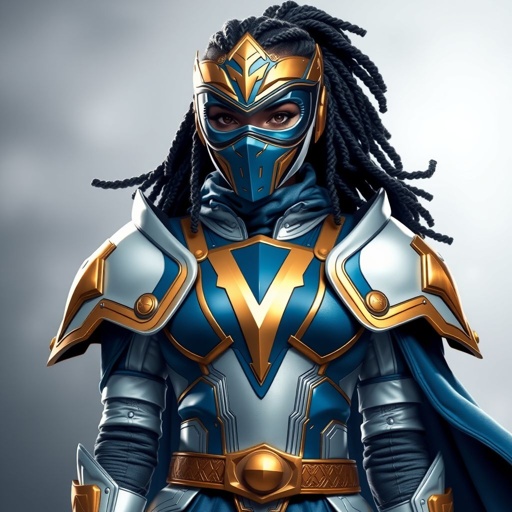 A teenage African American female superhero with hair in a loc side part style wearing a mask wearing a professionally made slightly medievally armored white and blue suit with gold accents and a stylized V as her chest emblem a utility belt and gold boots
