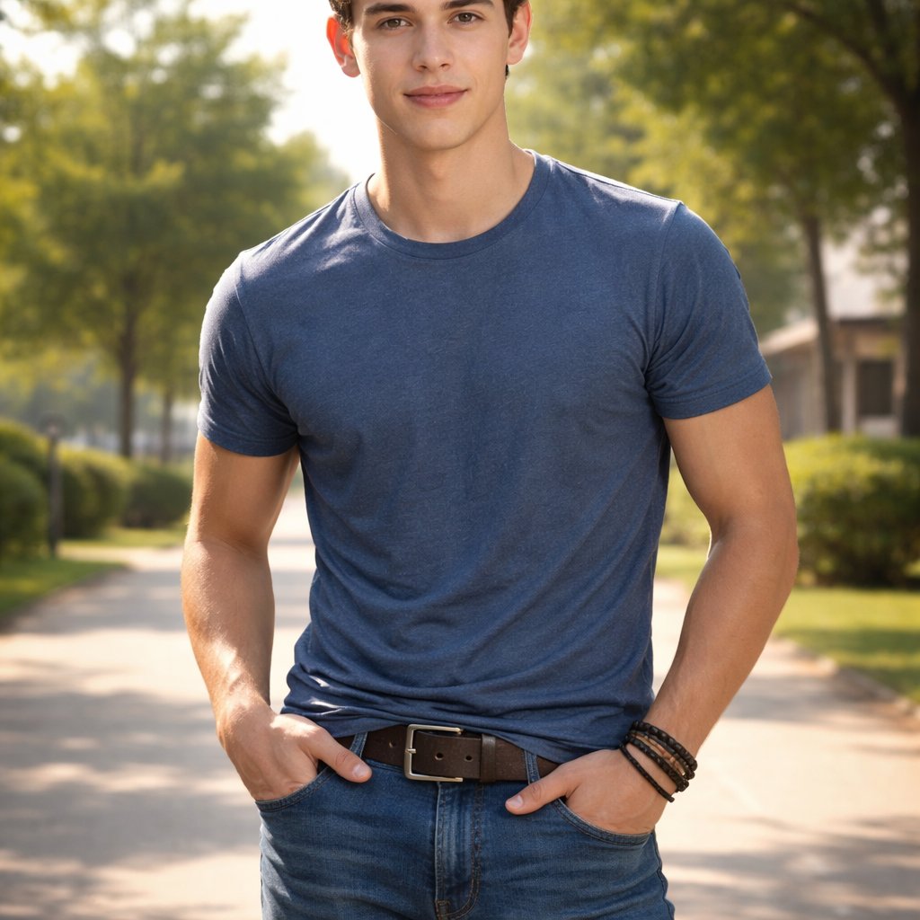 A 19 year old boy who has brown hair and brown eyes. He is wearing a blue shirt and jeans. He looks strong. Full body and face appearance can be seen.