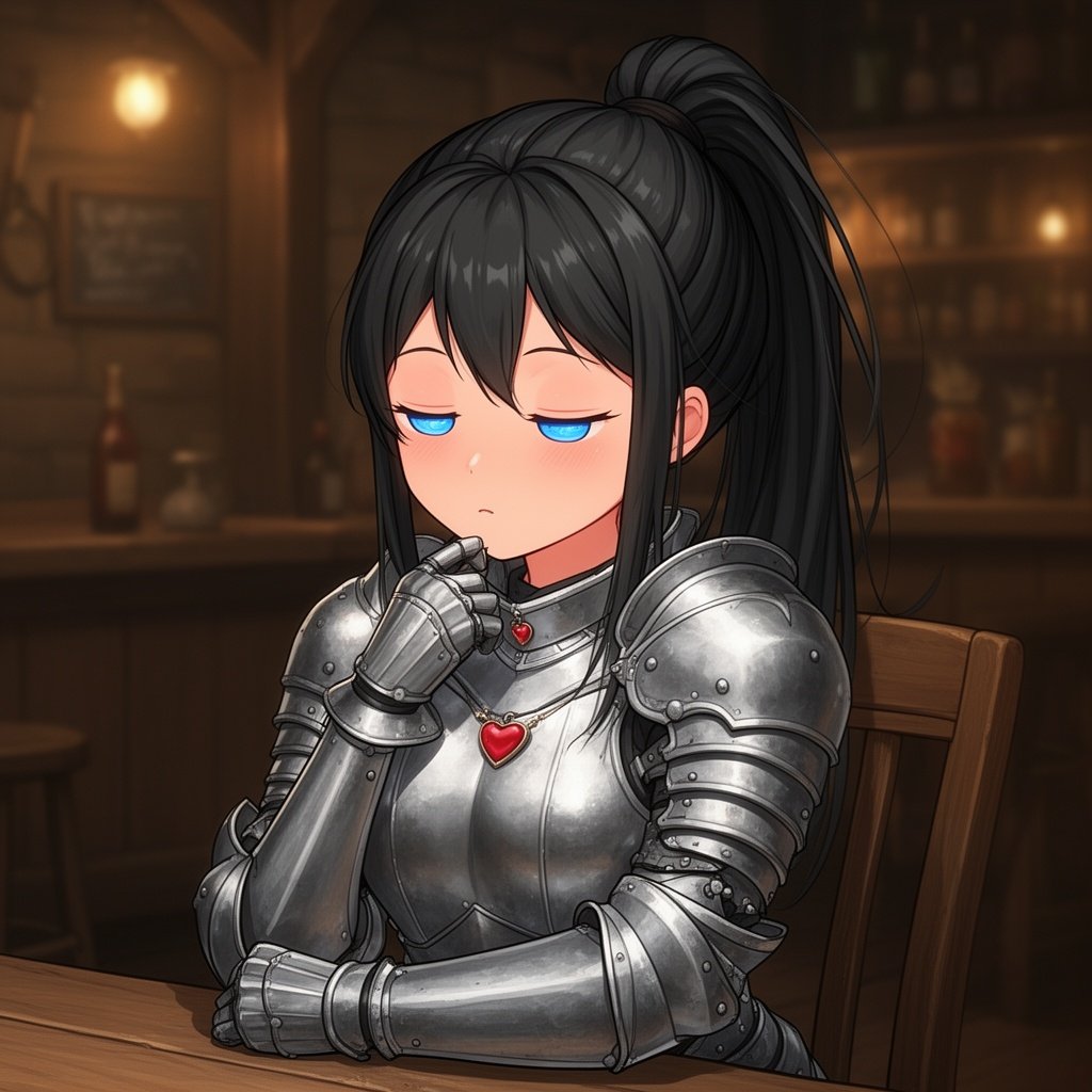 A beautiful girl with long black hair tied up in a pony tail wearing heavy armour she has peachy skin and nice blue eyes. She has a puzzled but nice look on her face with a heart pendant hanging from her neck. She is sitting on a chair looking like she is thinking about stuff inside a nice tavern