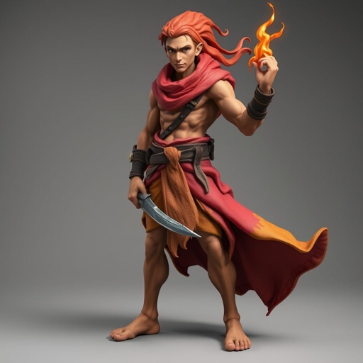 Create handsome hero Rhen the Fire – A lean, muscular man. He wears layered, flowing desert robes dyed in warm reds and golds, with scorch marks where flames have licked them. A curved blade hangs at his hip. Show whole body head to toe including her shoes.