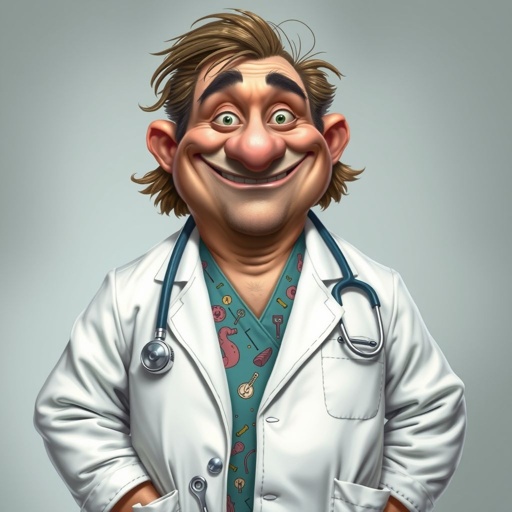.. create a fat doctor. Who is funny human looking from head to toe. And he always immediately results to surgery for anything even small things. So please be sure to show his whole outfit head to toe. Make him have 1 tooth. Make it more adult humor instead of cartoon humor.