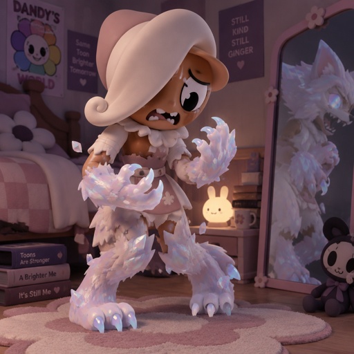 Ginger from dandy’s world in her room turning into a opalite werewolf 