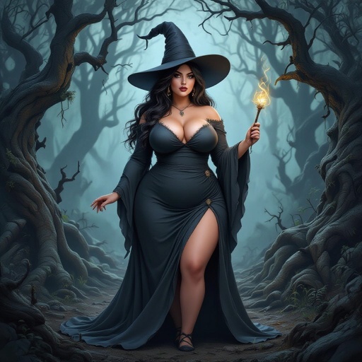 A full body portrait of a curvey plus size witch with long hair and a very dark graywitch hat that matches with her dress, with a small wand in her hand, standing in a rotting forest