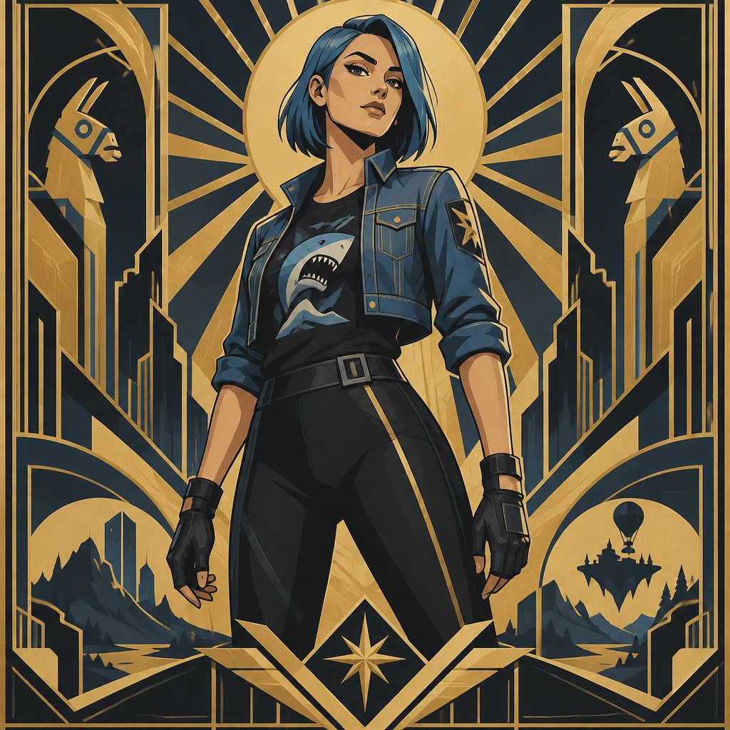 Light rider from Fortnite, neck length blue hair, cropped jean jacket black leggings, tshirt with shark on it, gloves