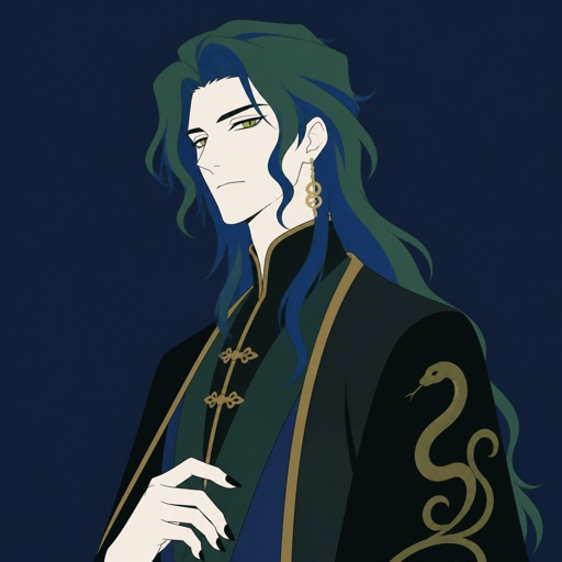 Man, tall, pale, snack like with snack eyes, green and blue hair mysterious