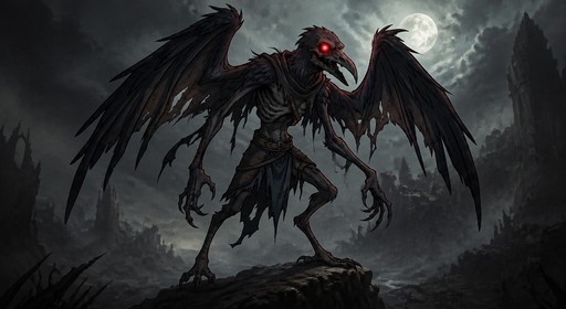 Dark fantasy winged creature standing on a rocky peak beneath stormy clouds