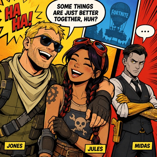 Jones from Fortnite sunglasses stubble, Jules from Fortnite, arm around shoulder, Midas from Fortnite arms crossed angry, Jules and jones are laughing 