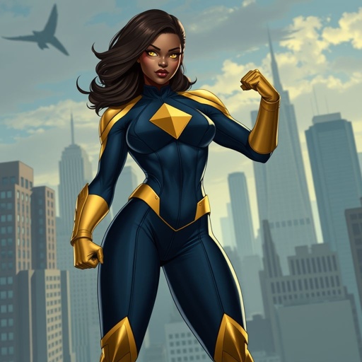 African American female superhero with hair in a shoulder length side part hairstyle with pure Gold Glowing eyes wearing a leather slightly armored navy blue and gold suit with navy blue pants and gold boots with a diamond with the top half gold and the bottom half black as her chest emblem in Philadelphia