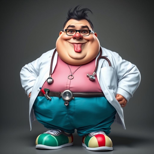 .. create a fat doctor. Who is funny human looking from head to toe. And he always immediately results to surgery for anything even small things. So please be sure to show his whole outfit head to toe. Make him have 1 tooth. Make it more adult humor instead of cartoon humor.