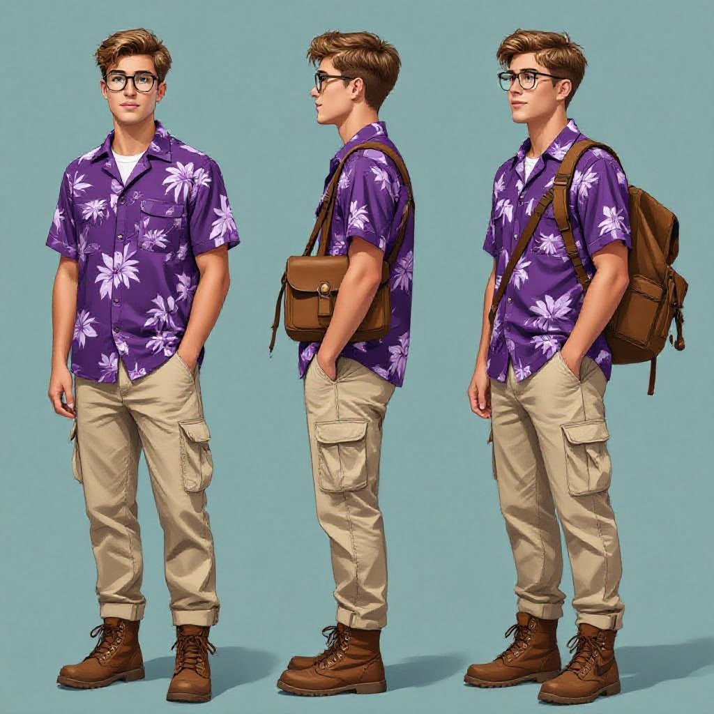 A 19 Year Old man in a Purple Hawaiian Button Up and Beige Cargo Pants. Short Light Brown Hair Glasses and a worn Army Jacket and Brown Hiking Boots and a Brown Leather Saddleback 
