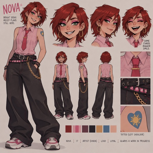 Female, teen, freckles, dark green eyes, hot pink eye shadow, hoop earrings, choppy red neck length hair, bangs on one side of face, sleeveless button up pink shirt, pink tie with gold clip, blue heart tattoo with a yellow sun inside on shoulder, baggy pants with gold chain, two belts with dark and light pink triangles, smiling, cartoon style