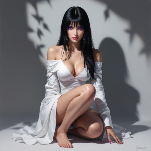 Show her shoes and entire body. Create mysterious woman jet-black hair is cut sharp to her jawline, and her violet eyes seem to pierce through darkness. A shadowy aura clings to her form, faint shapes shifting and flickering behind her like whispers of another realm. Show whole body head to toe