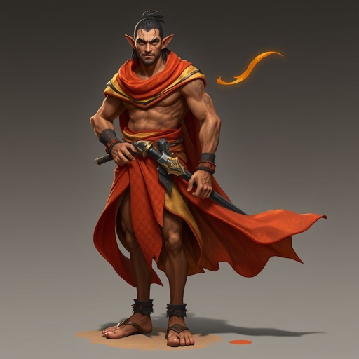 Create handsome guy name Rhen the Fire – A lean, muscular man. He wears layered, flowing desert robes dyed in warm reds and golds, with scorch marks where flames have licked them. A curved blade hangs at his hip. Show whole body head to toe including her shoes.