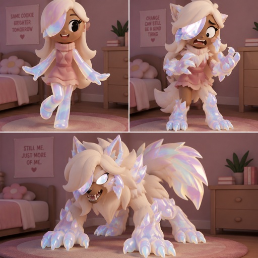 Ginger from Dandys world in her room enjoying her new Opalite legs and arms and face piece in one scene and the middle one she’s half Opalite werewolf and she’s scared and the last one she’s fully transformed 