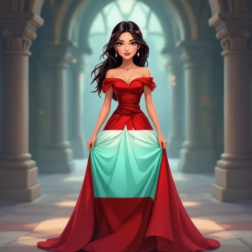A rebellious but kind teen Princess in a red dress with dark red hair