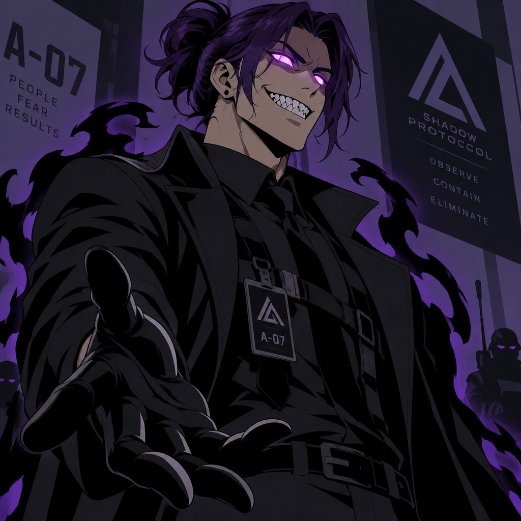 Anime style, Agent Ward male, made to be a weapon, highly skilled, emergency backup case he gets out of control, hair violet messy bun, clean shaven, night vision eyes no goggles, sharp teeth, dark power, tall, intimidating, big grin, he's used as an emergence backup weapon,he used to look like a pale skin,brown eyes,black hair hair was neck long,and used to be very cheerful