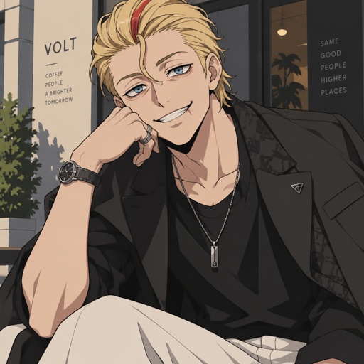 Male, blonde greased brushed back hair, curl on forehead, red streak in hair, scar on lip, blue eyes, eye bags, happy, slim, designer, casual clothes