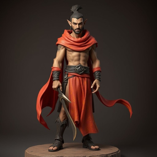 Create handsome hero Rhen the Fire – A lean, muscular man. He wears layered, flowing desert robes dyed in warm reds and golds, with scorch marks where flames have licked them. A curved blade hangs at his hip. Show whole body head to toe including her shoes.