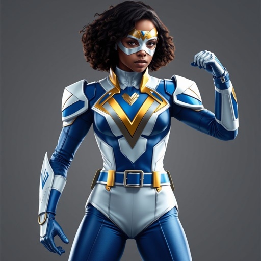 A teenage African American female superhero wearing a domino style mask with slightly curly hair in a shoulder length side part style wearing a slightly armored polyester and leather white and blue suit with gold accents a skin tight collar blue pants and a stylized V as her chest emblem a utility belt and blue boot heel less