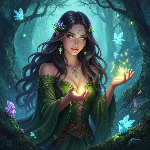 witch with long shimmering hair and skin and small creatures all around her 