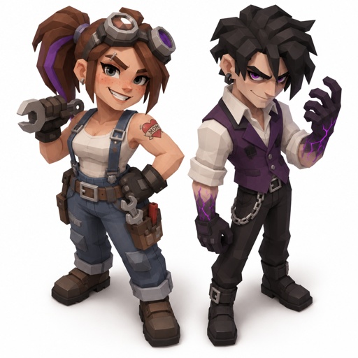Female, freckles, 18, side ponytail black hair with purple strips, mechanic goggles, white shirt no sleeves no cleavage showing, Jean suspenders, black work gloves, big smirk, eyebrow piercing, red heart with an arrow going through it with the word mom on the heart tattoo on right shoulder, Male, slim, black messy hair, back hair, brushed side hair, strands of hair in the middle of forehead, ear piercing ring, gloves, purple glowing veins, purple vest, white shirt, no facial hair, bad guy, father and daughter 