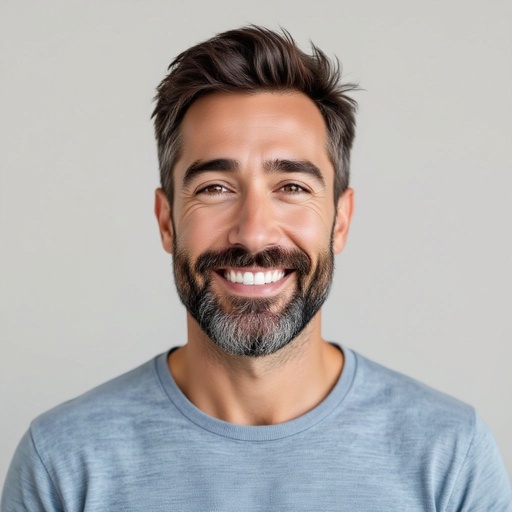 A human man in his early forties and has short black hair with growing black beard 