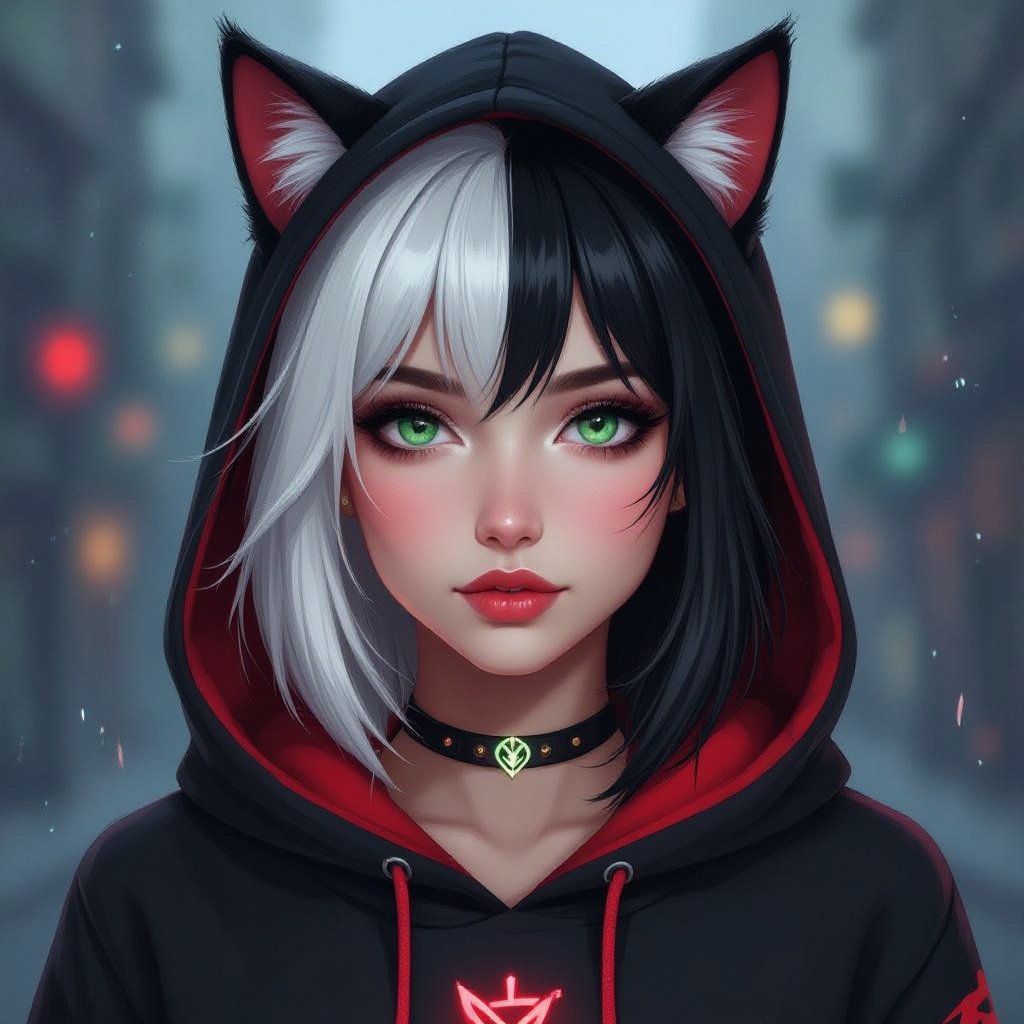 Młoda kobieta. Włosy do ramion, z grzywką, prawa połowa włosów biała, lewa połowa włosów czarna. Okrągła twarz. Szaro-zielone oczy. wąskie usta. Ubrana w czarno czerwoną bluzę z kaptórem z kocimi uszkami. 