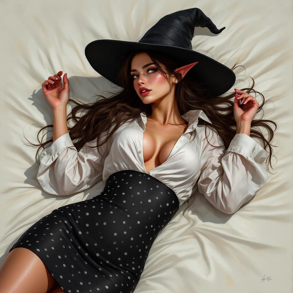 Brunette Elf Wizard Librarian with Long brunette hair in a tight black and white polka dot mini pencil skirt and a white open blouse and a witches hat. She is lying on the floor drunk.