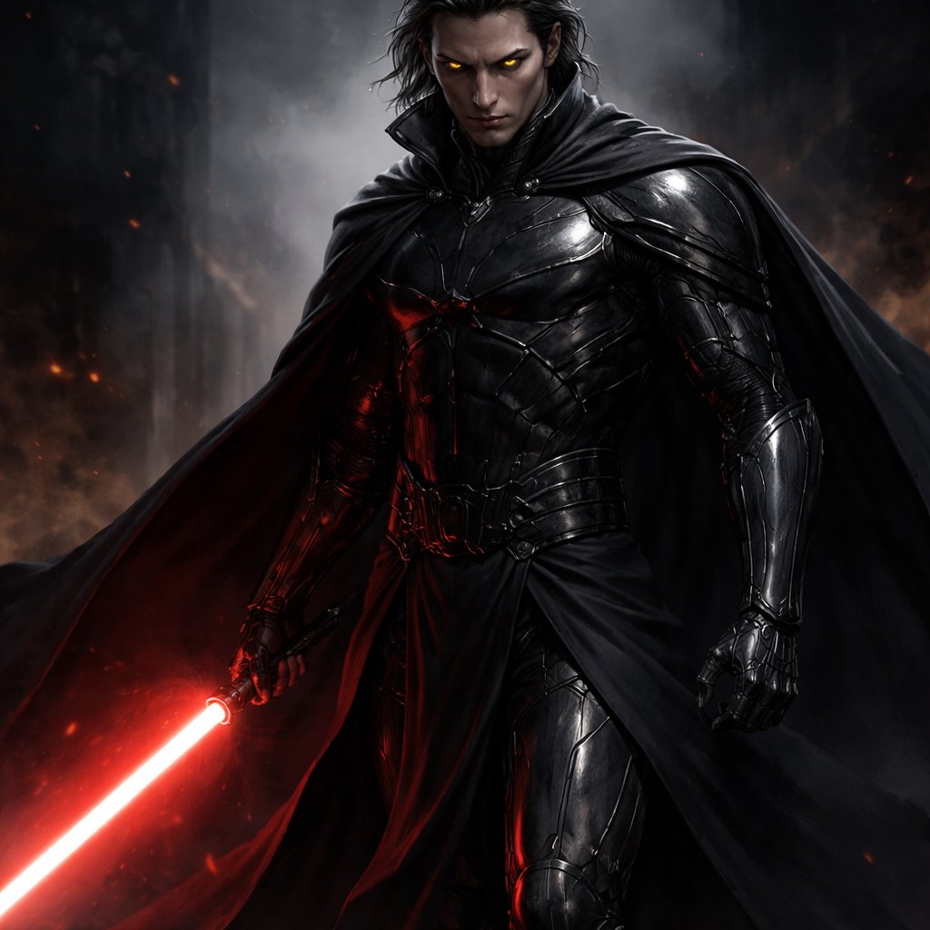 A lean sith man with silver black armour, a dark red lightsaber, and a black cape