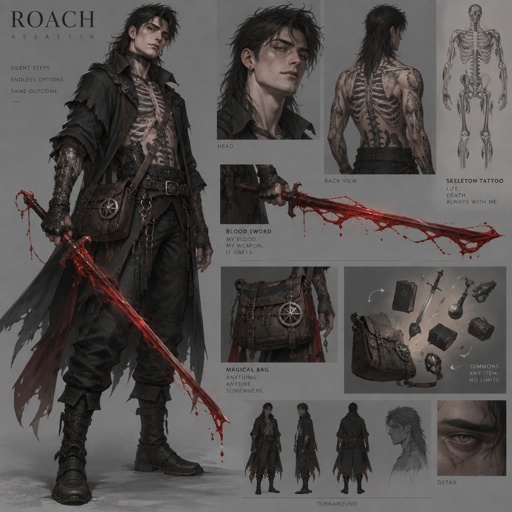 assassin name roach, long mullet, sword made of blood, full skeleton tattoo, bag of tricks can hold any amount of item able to summon 