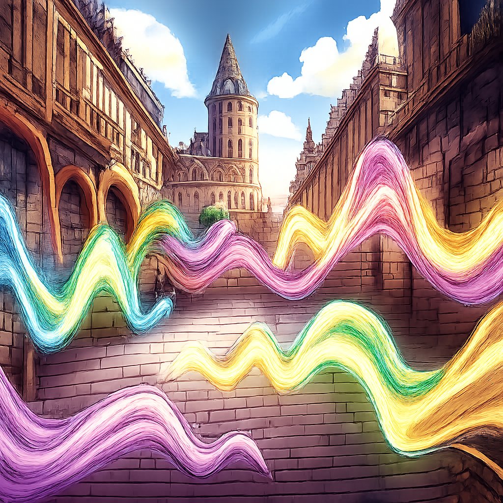 No character, no speech bubbles, lovely delicate sound waves colourful, transparent float through an old-fashioned European city