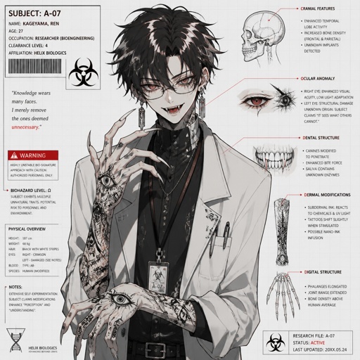 Anime male,hair messy long braided black hair with white stripes,clean shaven,highly skilled,in late 20s,migraines,sarcastic,red glowing eyes,one eye is severely damaged,serious face,been experiment on for many years until finally found and rescued ,has power of a spider and control spiders make traps poison and crawl on walls and ceiling dangerous,glasses,wears a loose jacket a nice fully covered shirt ,loves spiders, nice big earrings,tattoos on arms,helps people but on his terms,doesn't remember anything from his past except the experiments, long scary fingers, spider fangs, traumatized,special agency is keeping an eye on him 