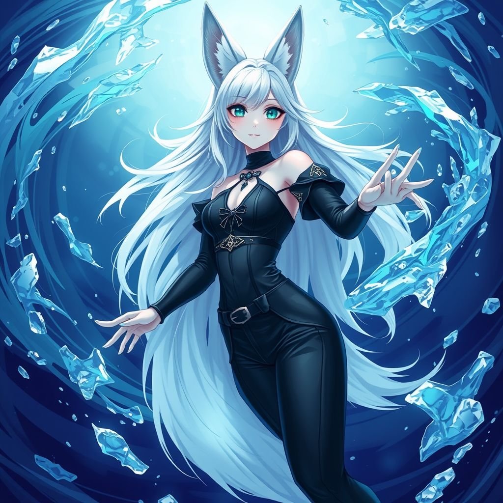A teenage girl with pale skin and emerald eyes wearing black royal top and trousers with long white hair and small fox ears conducting ice in the depths of the ocean