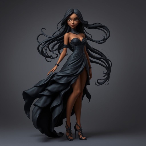 Create character hero Veyra of Shadows – A lithe, mysterious brown complexion woman draped in layered black silks that move like smoke around her. With jet-black hair. Show her whole body head to toe including her shoes.