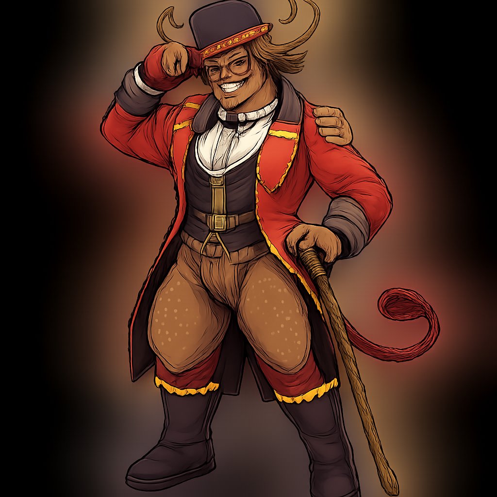 A male medium brown Minotaur with brown eyes that has a well~proportioned figure that works at freak show as the ringmaster. That has abilities of Reality Rejection, Time Manipulation (Chronokineses), Zoolingualism (Language of Cattle only), Human Speech. He’s basically a hybrid with his mother being a human with half-animal (Cretan bull) physiology and his father a Cretan Bull.