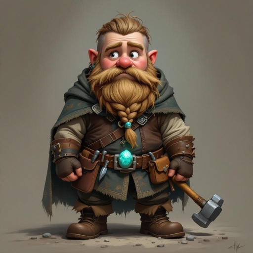 Create a stocky dwarf with a worried face, braided beard tucked into his belt, and straw-tousled hair. Wears a soot-stained cloak over a leather smith’s vest, tool belt with hammer and chisels, heavy boots. Subtle turquoise rune glow from a pebble at his neck,