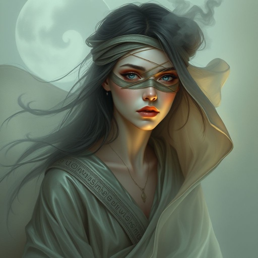 Floating white skin woman with shadows and bandages around her eyes, a powerful being with magic