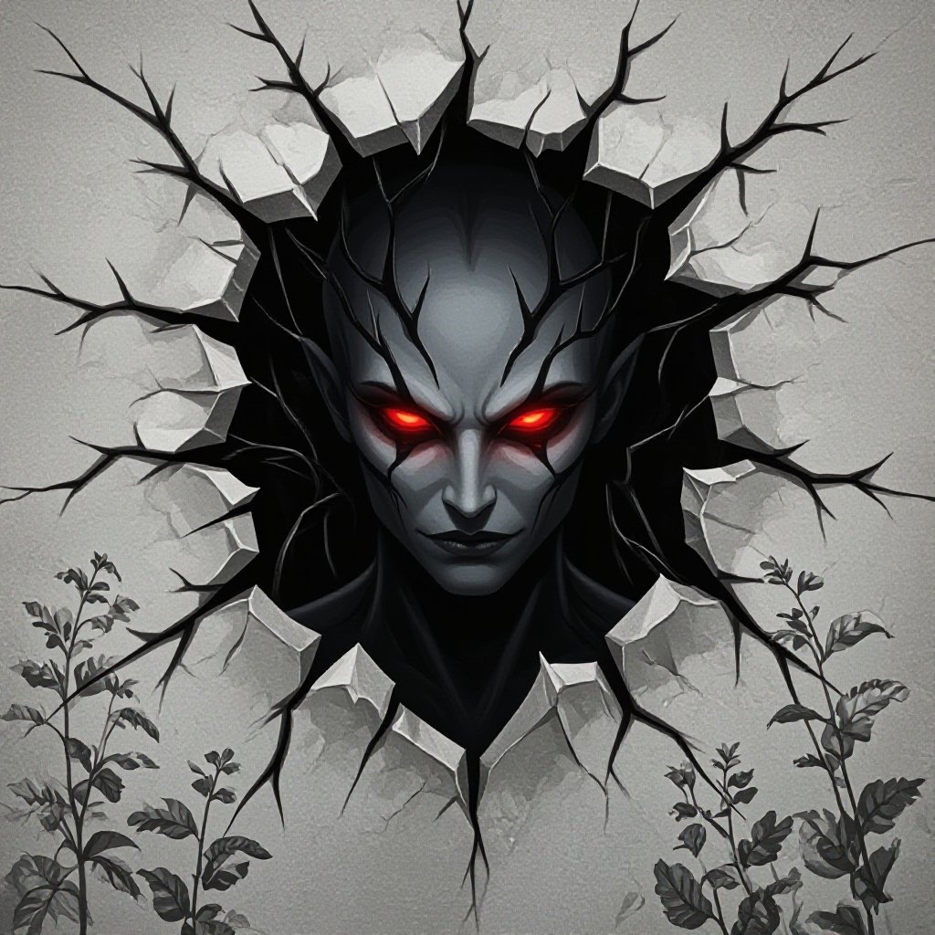 Shadow realm villain: A being of pure darkness with glowing red eyes, emerging from a tear in reality. Tendrils of shadow reach out to corrupt the surrounding area. Standing in a once-peaceful park that's now wilting and greying around them.