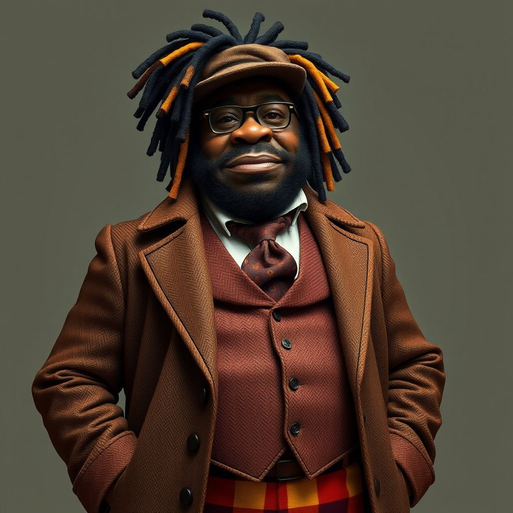 Create a funny serious fat character similar to Sherlock Holmes, but make him of black decent and with dread locks. Show his whole outfit including his shoes.